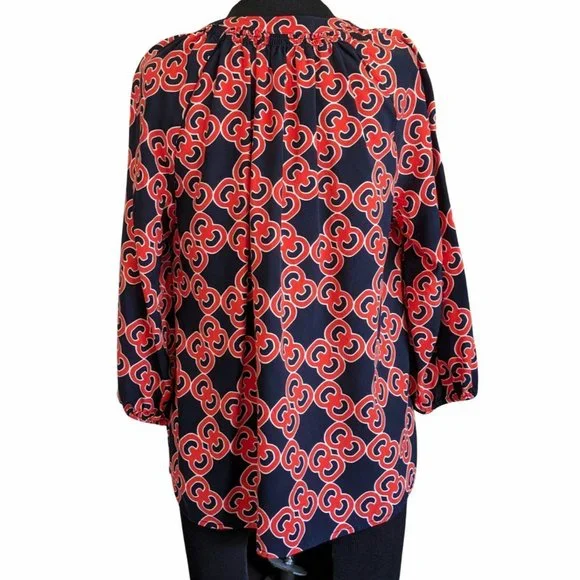 Crown & Ivy Black & Orange Top Blouse Tunic Petite Large 3/4 Puff Sleeves - Picture 2 of 8